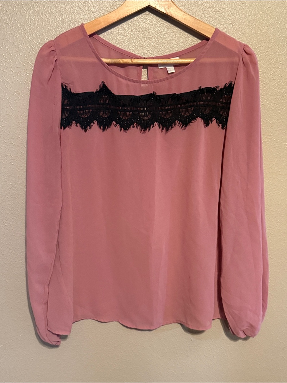 Charming Charlie Dusty Rose Long-Sleeve Chiffon Blouse with Black Lace Trim